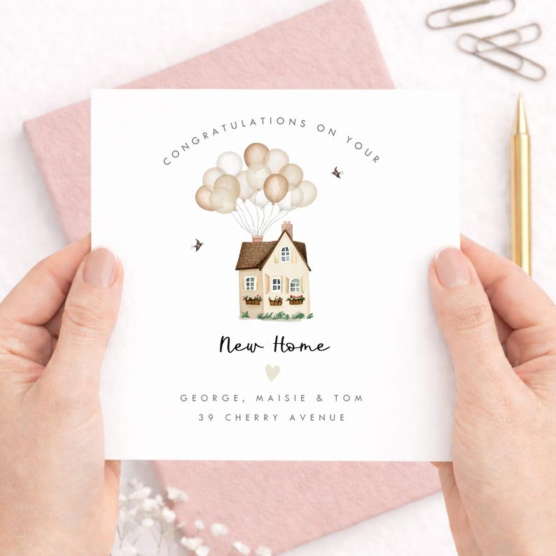 Celebrate a special move with this personalised new home card featuring a cute pink version of the Disney Up house. A thoughtful housewarming greeting card perfect for congratulating friends, family, or new homeowners on their first home together. This beautiful keepsake card can be customised with names and address details, creating a meaningful reminder of a brand new chapter.