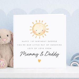 Personalised 1st birthday card for a boy featuring a cute watercolour sunshine and little ray of sunshine message, personalised with the child's name and who the card is from, perfect first birthday card for a son, grandson or special little boy.
