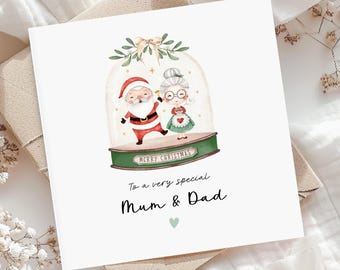 Personalised Christmas Card for Parents, Santa & Mrs Claus Snow Globe Design, Cute Parent Xmas Card with Custom Names