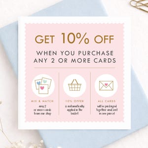 Etsy shop promotional card featuring 10 percent off when buying 2 or more greeting cards, pastel blue stationery background, handwritten typography and combined shipping savings notice.