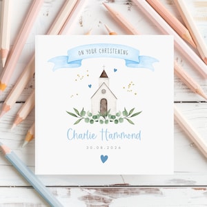 Personalised christening card featuring a cute little chapel church illustration with floral greenery design. Suitable for a christening, baptism, dedication or thanksgiving service, it makes a perfect Christening keepsake  with custom name and date. Soft watercolour design printed on quality 300gsm lightly textured cardstock, measures 148 x 148mm and is supplied with a blank recycled kraft envelope.