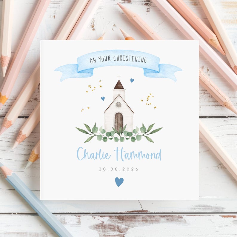 Personalised christening card featuring a cute little chapel church illustration with floral greenery design. Suitable for a christening, baptism, dedication or thanksgiving service, it makes a perfect Christening keepsake  with custom name and date. Soft watercolour design printed on quality 300gsm lightly textured cardstock, measures 148 x 148mm and is supplied with a blank recycled kraft envelope.