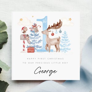 Personalised Baby’s First Christmas Card, Cute Reindeer Woodland Design, Daughter Son Granddaughter Grandson Niece Nephew 1st Xmas Card