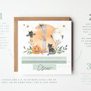 Personalised First Halloween Card for Baby. Custom Halloween Keepsake with Cute Ghost, Pumpkin, Black Cat, Bat, and '1st Halloween 2025' Design. Ideal for Son, Grandson, or Baby's First Halloween Gift. Features baby’s name and short personalised message. Perfect Halloween card for babies born in 2024 celebrating their first spooky season. Printed on quality 300gsm lightly textured cardstock, measures 148 x 148mm and is supplied with a blank recycled kraft envelope.