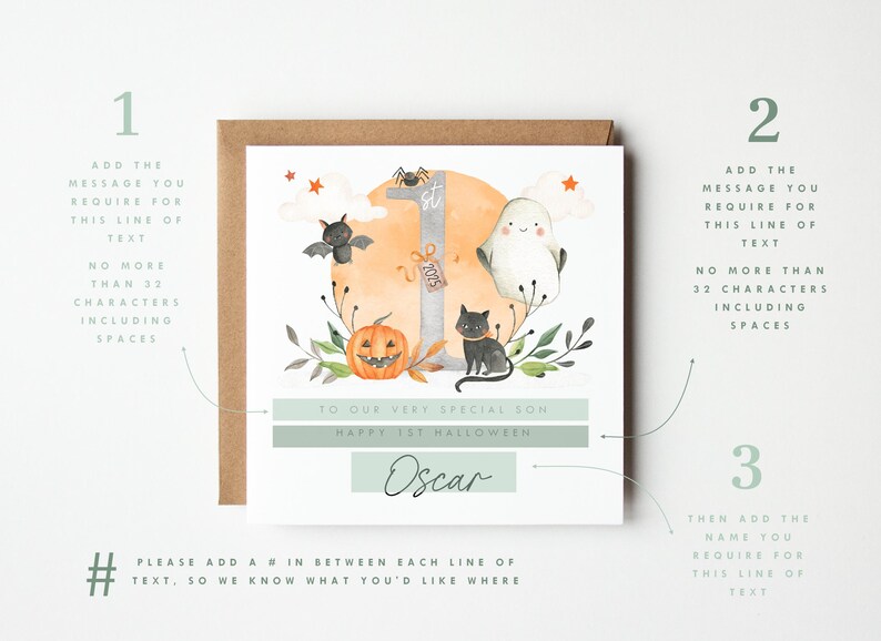 Personalised First Halloween Card for Baby. Custom Halloween Keepsake with Cute Ghost, Pumpkin, Black Cat, Bat, and '1st Halloween 2025' Design. Ideal for Son, Grandson, or Baby's First Halloween Gift. Features baby’s name and short personalised message. Perfect Halloween card for babies born in 2024 celebrating their first spooky season. Printed on quality 300gsm lightly textured cardstock, measures 148 x 148mm and is supplied with a blank recycled kraft envelope.