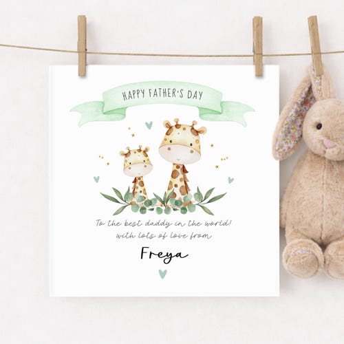 Personalised Fathers Day Card From Baby or Child, Daddy Giraffe With Name, Dad Gift Keepsake From Son Daughter