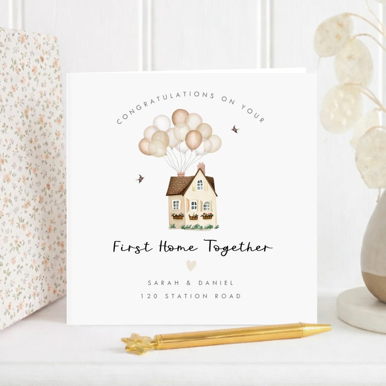 Celebrate a special move with this personalised new home card featuring a cute pink version of the Disney Up house. A thoughtful housewarming greeting card perfect for congratulating friends, family, or new homeowners on their first home together. This beautiful keepsake card can be customised with names and address details, creating a meaningful reminder of a brand new chapter.