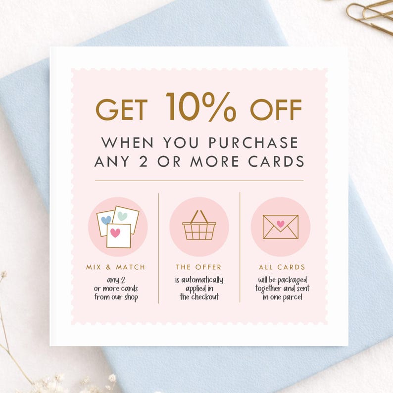 Etsy shop promotional card featuring 10 percent off when buying 2 or more greeting cards, pastel blue stationery background, handwritten typography and combined shipping savings notice.