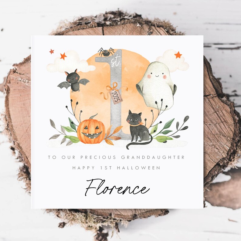 Personalised First Halloween Card for Baby. Custom Halloween Keepsake with Cute Ghost, Pumpkin, Black Cat, Bat, and '1st Halloween 2025' Design. Ideal for Son, Grandson, or Baby's First Halloween Gift. Features baby’s name and short personalised message. Perfect Halloween card for babies born in 2024 celebrating their first spooky season. Printed on quality 300gsm lightly textured cardstock, measures 148 x 148mm and is supplied with a blank recycled kraft envelope.
