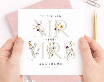 Personalised Mr & Mrs Wedding Card, Wildflower Wedding Card, Monogram Wedding Card, To the New Mr and Mrs Card,