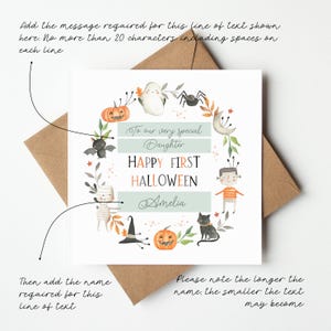 Personalised first Halloween card for kids showing how the recipient wording and child's name can be customised. The cute Halloween card features a ghost, pumpkins, mummy, bat, spider, black cat and witch's hat surrounding the words Happy First Halloween.