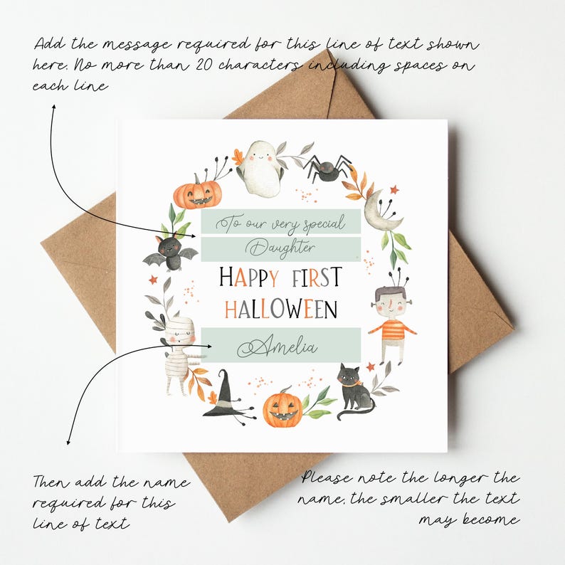 Personalised first Halloween card for kids showing how the recipient wording and child's name can be customised. The cute Halloween card features a ghost, pumpkins, mummy, bat, spider, black cat and witch's hat surrounding the words Happy First Halloween.