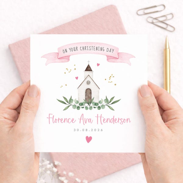 Personalised Christening Card for Baby Girl or Boy, Little Chapel Design, Baptism Keepsake