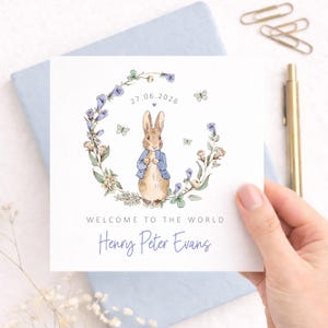 Personalised New Baby Card, Peter Rabbit Floral Design, Welcome to the World Baby Girl or Boy