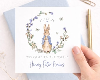 Personalised New Baby Card, Peter Rabbit Floral Design, Welcome to the World Baby Girl or Boy