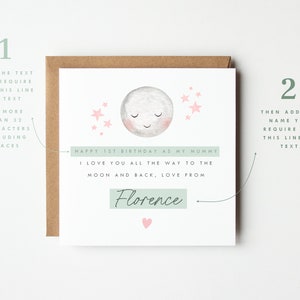 Personalised love you to the moon and back card, mum dad mummy daddy love you to the moon and back card, happy 1st birthday as my mummy card, happy 1st birthday as my daddy card, mummy daddy birthday card, moon card, lunar card