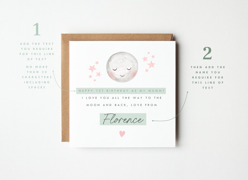 Personalised love you to the moon and back card, mum dad mummy daddy love you to the moon and back card, happy 1st birthday as my mummy card, happy 1st birthday as my daddy card, mummy daddy birthday card, moon card, lunar card