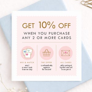 Etsy shop promotional card featuring 10 percent off when buying 2 or more greeting cards, pastel blue stationery background, handwritten typography and combined shipping savings notice.