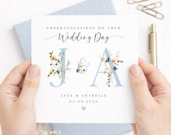 Personalised Floral Wedding Card, Custom Monogram Wildflower Wedding Keepsake