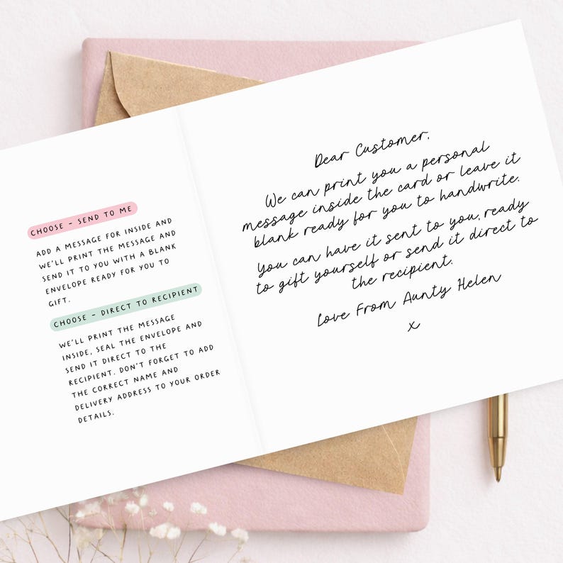 Open greeting card showing custom printed message option for Etsy orders, with handwritten sample text, kraft envelope and instructions for direct-to-recipient delivery.