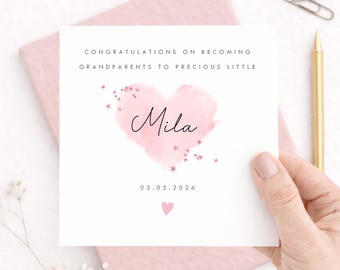 Personalised New Grandparents Card, Watercolour Heart, Baby Congratulations Grandma Grandad, New Grandparent Announcement, Keepsake Gift