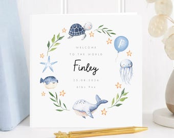 Personalised New Baby Card, Welcome to the World Ocean Under The Sea, Custom Baby Boy Girl Card