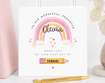 Personalised First Day of School Card Daughter, Rainbow Back to School Keepsake, Custom Name Card, Girl Gift New Term 2026