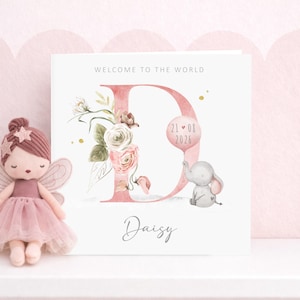 Personalised newborn baby girl card floral initial, cute elephant design, custom name, welcome baby girl card pink nursery style