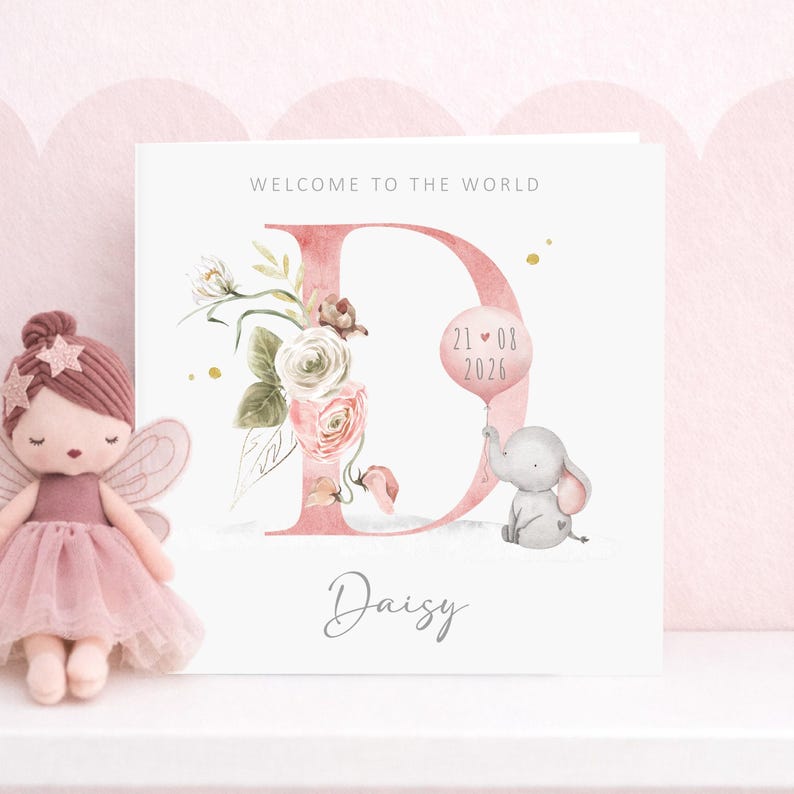 Personalised newborn baby girl card floral initial, cute elephant design, custom name, welcome baby girl card pink nursery style