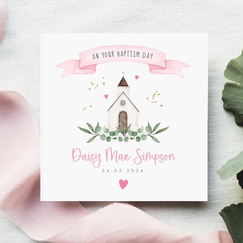 Personalised christening card featuring a cute little chapel church illustration with floral greenery design. Suitable for a christening, baptism, dedication or thanksgiving service, it makes a perfect Christening keepsake  with custom name and date. Soft watercolour design printed on quality 300gsm lightly textured cardstock, measures 148 x 148mm and is supplied with a blank recycled kraft envelope.