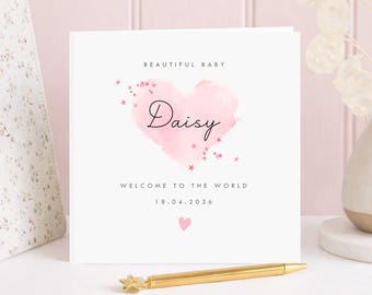 Personalised Watercolour Heart Baby Card, Welcome to the World Keepsake, Girl or Boy