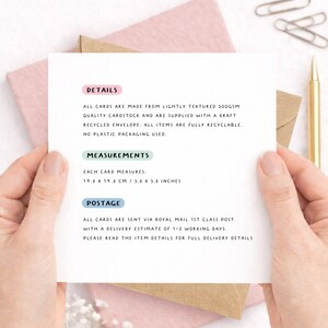 Greeting card details and measurements shown on a minimalist card held in hands, explaining 300gsm lightly textured cardstock, recycled kraft envelope, plastic-free packaging, and card size 148mm x 148mm (approx. 6x6 inches).