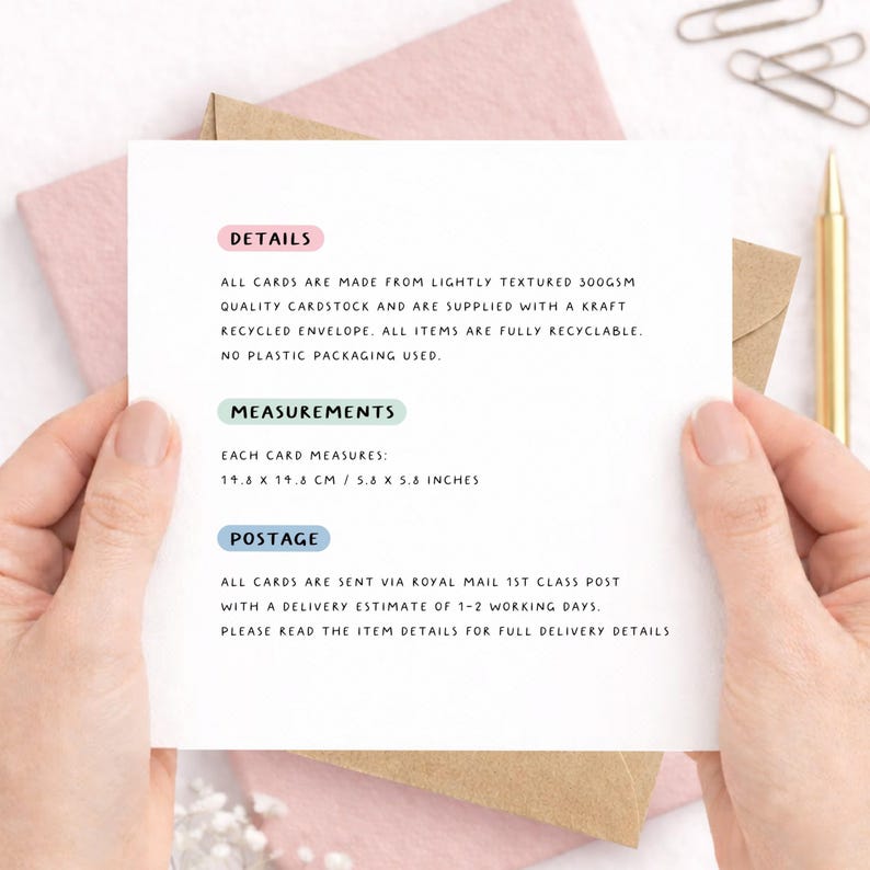 Greeting card details and measurements shown on a minimalist card held in hands, explaining 300gsm lightly textured cardstock, recycled kraft envelope, plastic-free packaging, and card size 148mm x 148mm (approx. 6x6 inches).