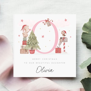 Personalised Christmas Card for Daughter Granddaughter Niece, Custom Name Xmas Card, Xmas Card for Girls, Cute Santa Bunny Design, Pink