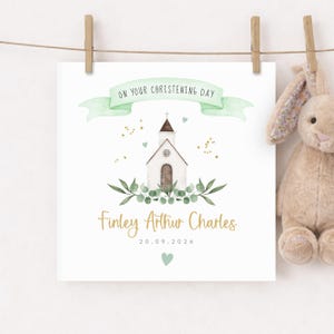 Personalised christening card featuring a cute little chapel church illustration with floral greenery design. Suitable for a christening, baptism, dedication or thanksgiving service, it makes a perfect Christening keepsake  with custom name and date. Soft watercolour design printed on quality 300gsm lightly textured cardstock, measures 148 x 148mm and is supplied with a blank recycled kraft envelope.