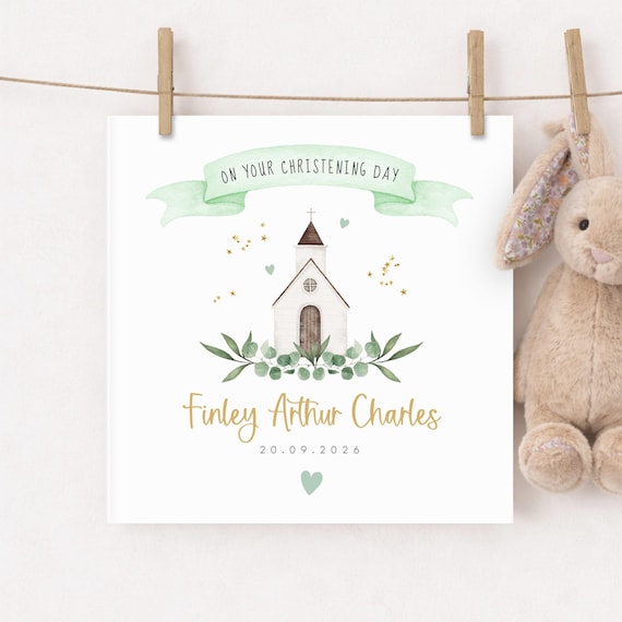 Personalised Christening Card with Cute Church Illustration, Suitable for Christening or Baptism with custom name and date