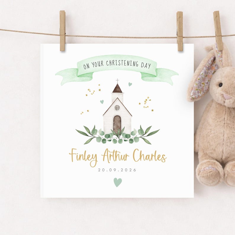 Personalised christening card featuring a cute little chapel church illustration with floral greenery design. Suitable for a christening, baptism, dedication or thanksgiving service, it makes a perfect Christening keepsake  with custom name and date. Soft watercolour design printed on quality 300gsm lightly textured cardstock, measures 148 x 148mm and is supplied with a blank recycled kraft envelope.