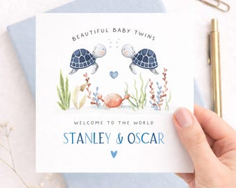 Personalised Twin Baby Card, Welcome to the World Twins, Turtle Ocean Baby, Twin Boys Girls Custom Names