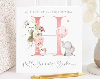 Personalised Floral Elephant Christening Card, Baby Girl Baptism Keepsake