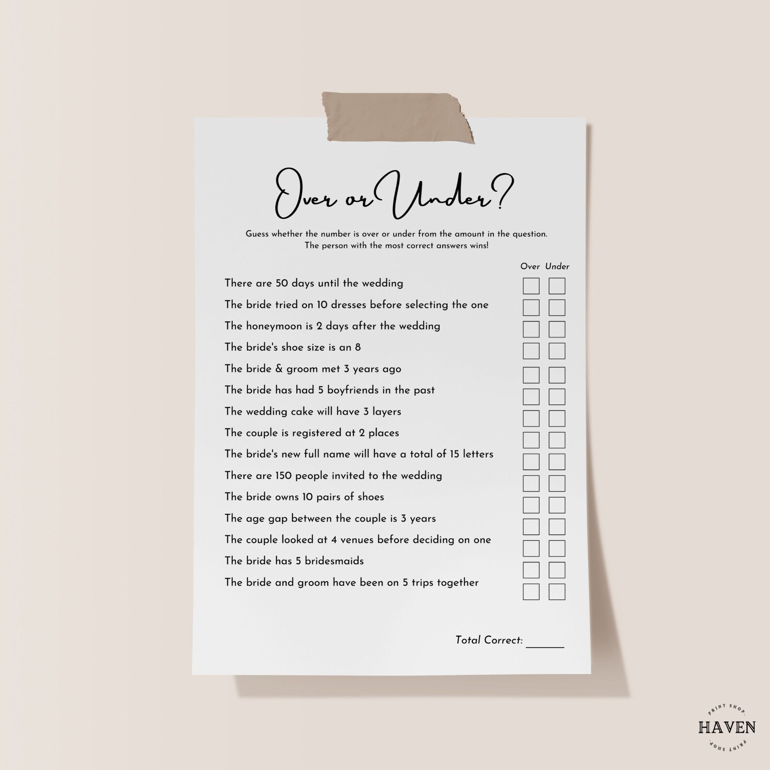 Over or Under Bridal Shower Game Template Bridal Shower - Etsy