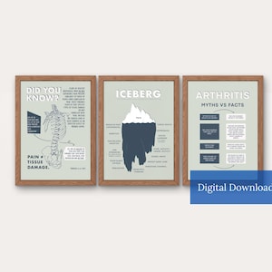 Könnte beinhalten: Drei druckbare Poster mit Informationen über Schmerzen, Arthritis und das Eisbergmodell von Schmerzen. Die Poster sind in braunem Holz gerahmt und haben einen hellgrünen Hintergrund.