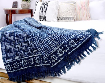 Handloom Cotton Sofa Throw Blanket Indigo Blue Hand Block Printed Bohemian Cloth Bed cover with Tassels