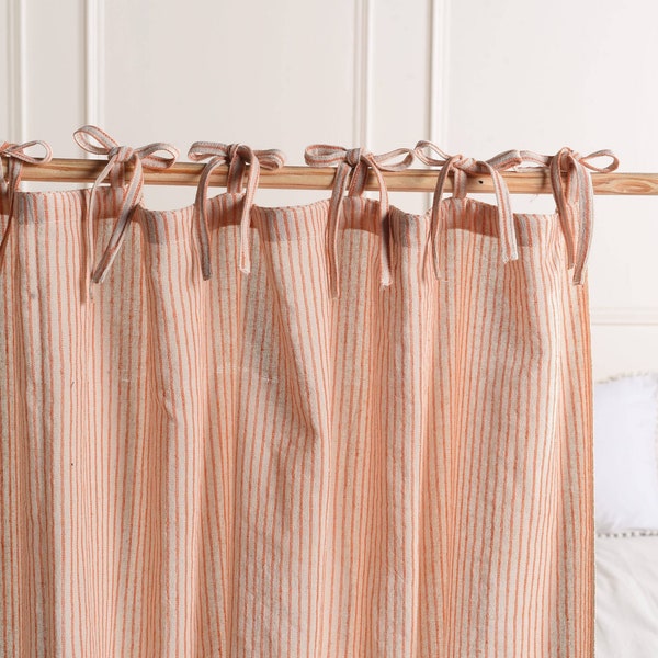 Boho Striped Tie Belt Curtain 2 Panels, Gaze Linen Rideaux, Custom Sizes, Striped Curtain Home Decor