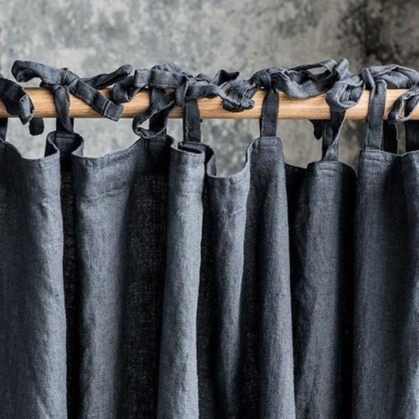 Charcoal Linen Curtains Bohemian Tie top linen drapes panel curtain, linen drapes for Living Room