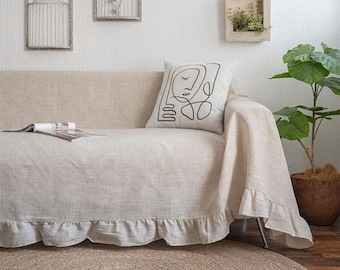 Stonewashed Linen Fabric Sofa and Couch Cover, Bedspread Drop Cloth Slipcover Large linen Ruffle Coverlet