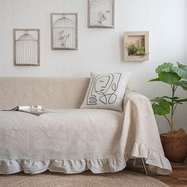 Stonewashed Linen Fabric Sofa and Couch Cover, Bedspread Drop Cloth Slipcover Large linen Ruffle Coverlet