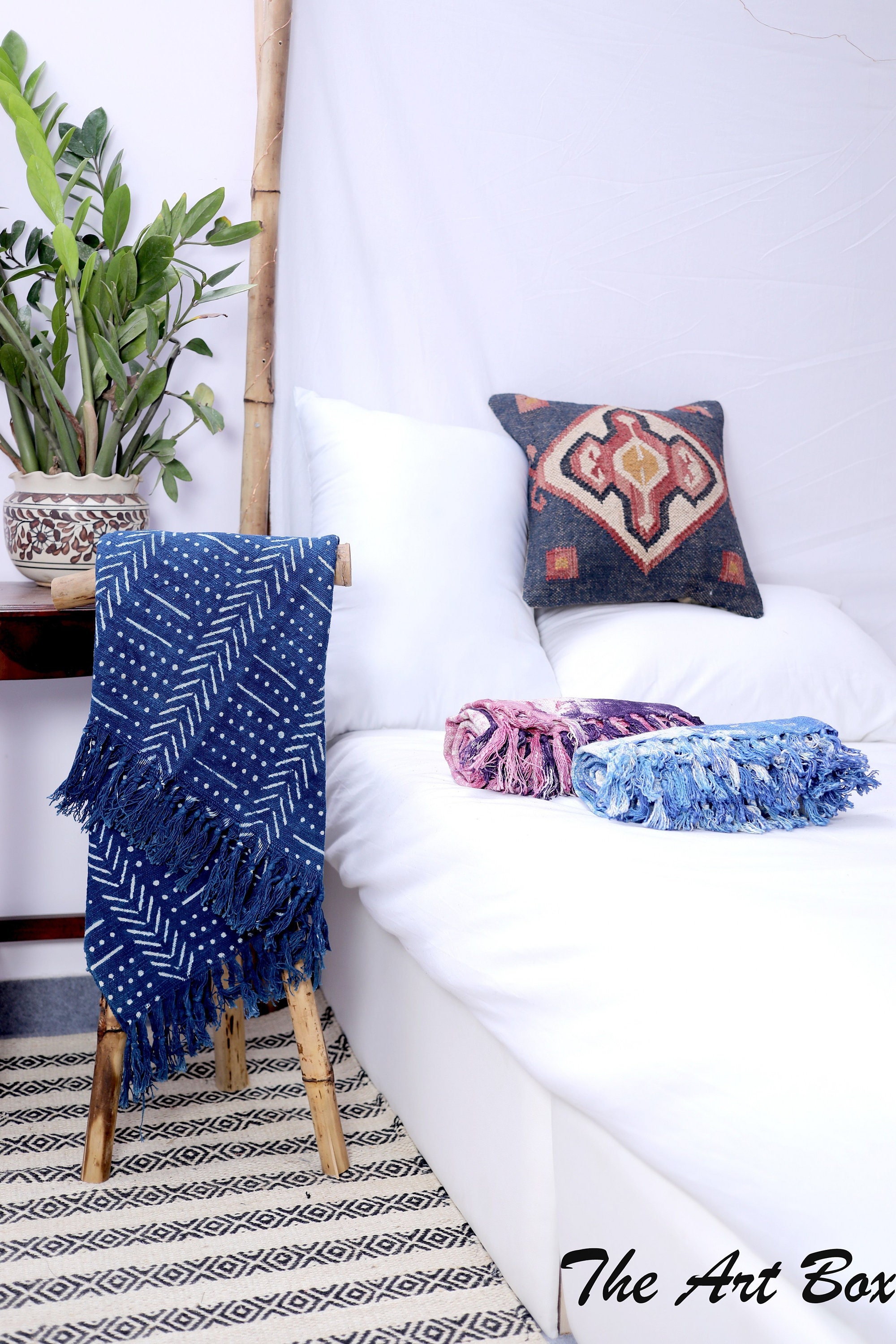 Indigo Blue Boho Throw Blankets With Tassels Handmade Printed Bed Sofa couch living Room home Decor Throw Blanket Etsy