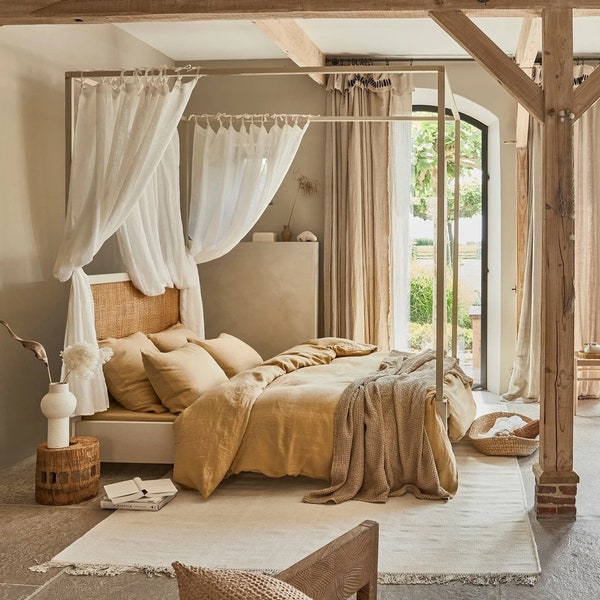 Rideau de lit à baldaquin en dentelle en lin, rideaux en lin blanc parfait, panneau de baldaquin de lit en lin, drapé de baldaquin de lit personnalisé