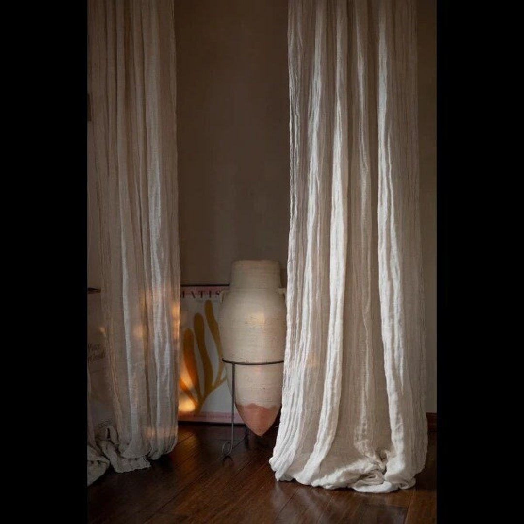 Off White Linen Gauze Curtain Panel With 20 Color Option, Boho Window Curtains, Sheer Curtain