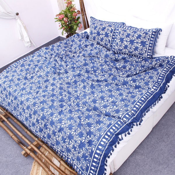 Block Print Cotton Duvet Cover with Pillow Case, Reversible Indigo Blue Bedding Set (Both Side Print)